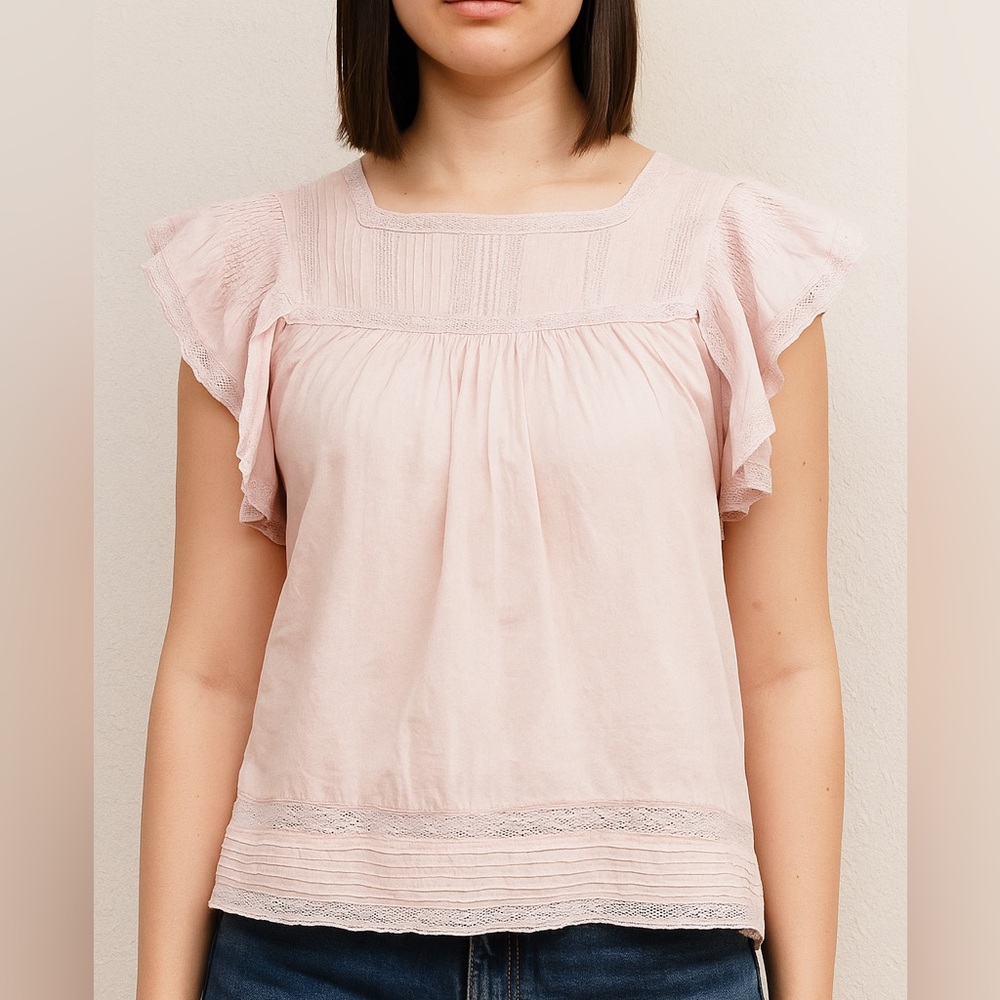 Love Shack Fancy Pale Pink Boho Blouse with Lace Trim and Flutter Sleeves